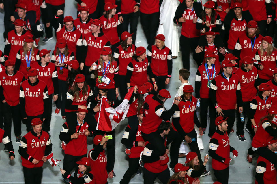 SOCHI, RUSSIA - FEBRUARY 23:  Team Canada enters the arena during the 2014 Sochi Winter Olympics Closing Ceremony at Fisht Olympic Stadium on February 23, 2014 in Sochi, Russia.  (Photo by Matthew Stockman/Getty Images)