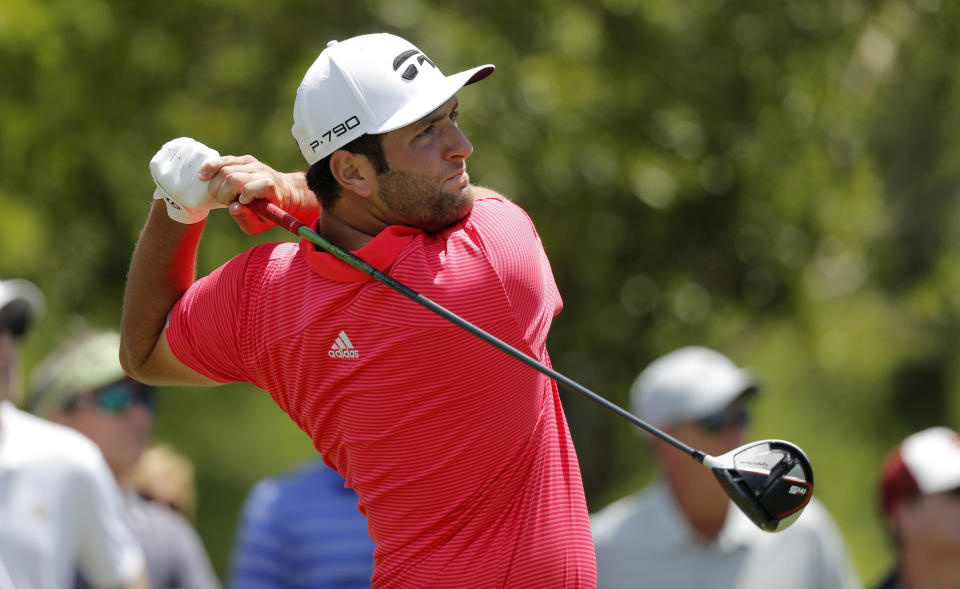 Jon Rahm hits of the fourth tee during the final round of the PGA Zurich Classic golf tournament at TPC Louisiana in Avondale, La., Sunday, April 28, 2019. (AP Photo/Gerald Herbert)