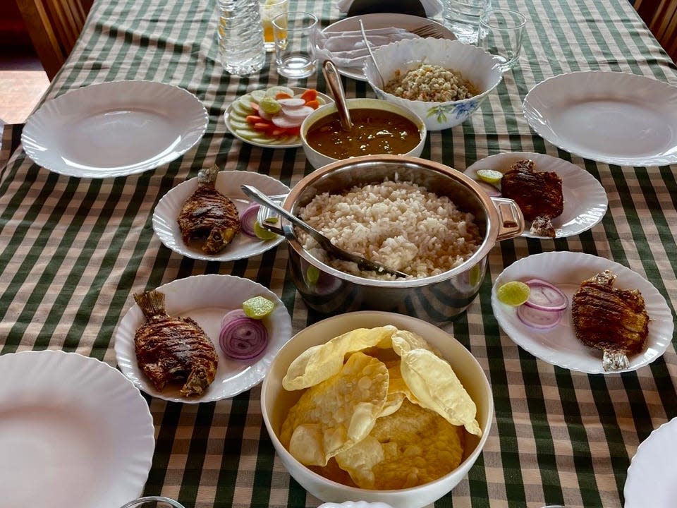 Table of dishes on gingham tabelcloth