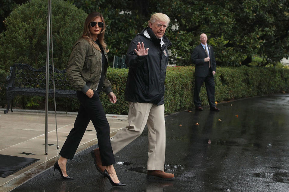 Donald and Melania Trump prior to their Marine One departure from the White House Aug. 29, 2017 in Washington, DC. <em>(Photo by Alex Wong/Getty Images)</em>