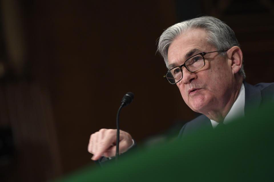 Federal Reserve Chairman Jerome Powell testifies before the Senate Banking Committee on Capitol Hill in Washington, Wednesday, Feb. 12, 2020, during a hearing on the Monetary Policy Report. (AP Photo/Susan Walsh)