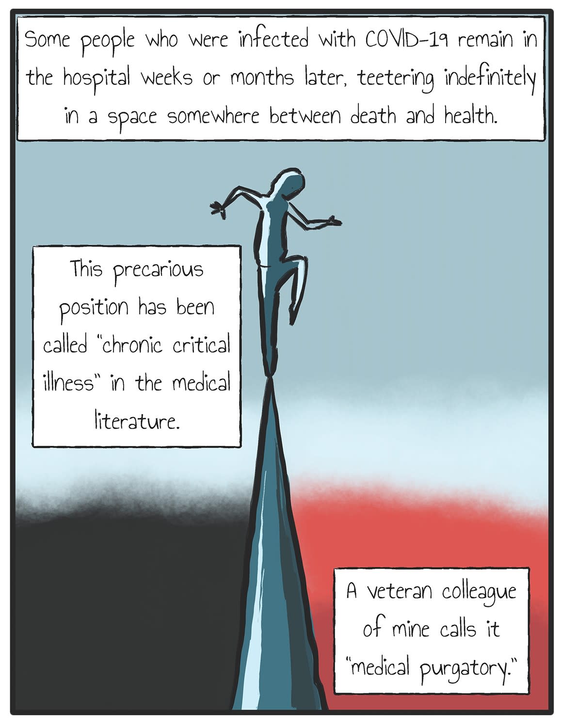 A series of nine Nathan Gray panels on medical purgatory in the time of the COVID-19 pandemic