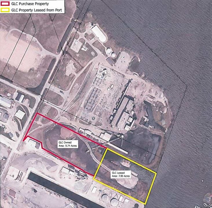 An overhead image of the Pulliam Power Plant property highlights in red the property GLC Minerals LLC will purchase from Brown County and, in yellow, the land GLC wants to lease from the county.