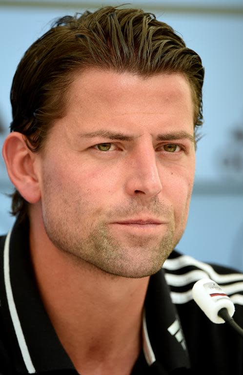 Germany´s goalkeeper Roman Weidenfeller answers journalists' questions during a press conference of the German national football team in San Martino in Passiria, Italy, on May 30, 2014