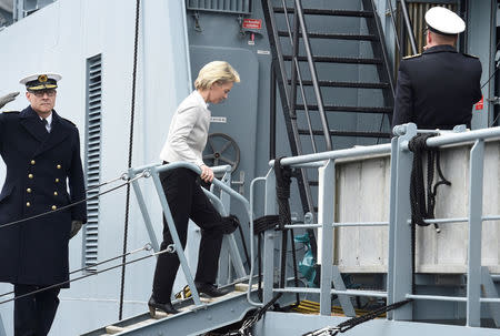 German Defence Minister Ursula von der Leyen enters corvette "Alster" during her visit at the German army "Bundeswehr" in Kiel, Germany April 21, 2017. REUTERS/Fabian Bimmer