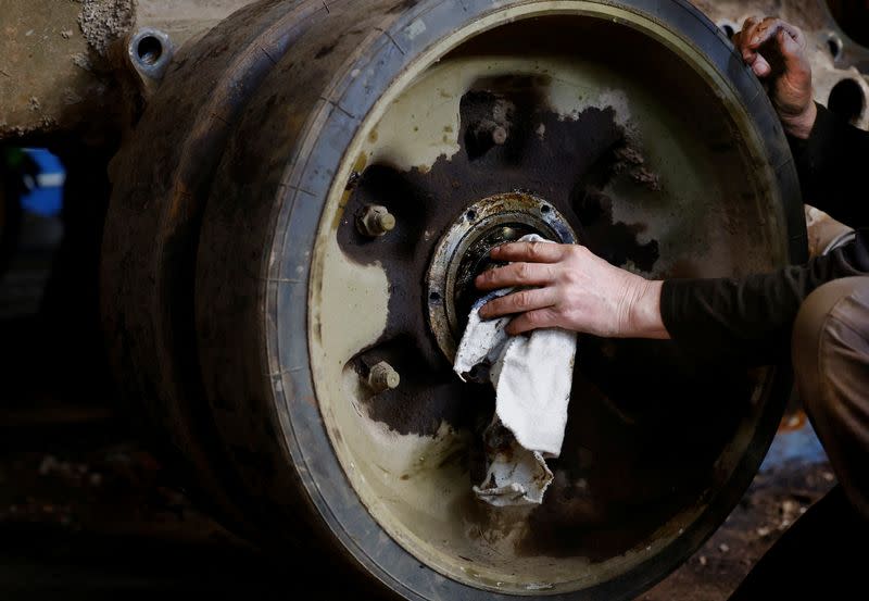 An old T-72 tank is being refurbished at the arms factory in Sternberk