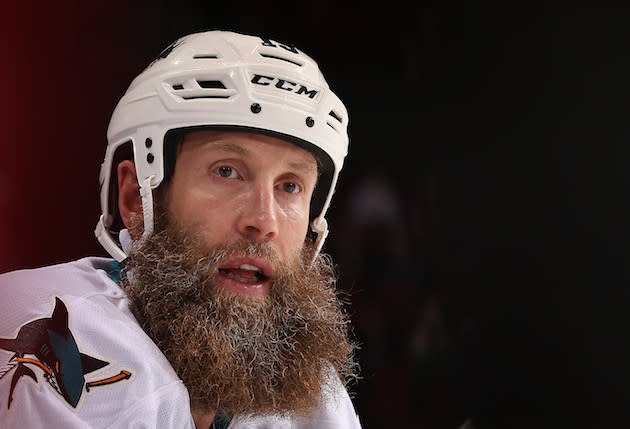 GLENDALE, AZ – OCTOBER 07: Joe Thornton #19 of the San Jose Sharks watches from the bench during the first period of the preseason NHL game against Arizona Coyotes at Gila River Arena on October 7, 2016 in Glendale, Arizona. (Photo by Christian Petersen/Getty Images)