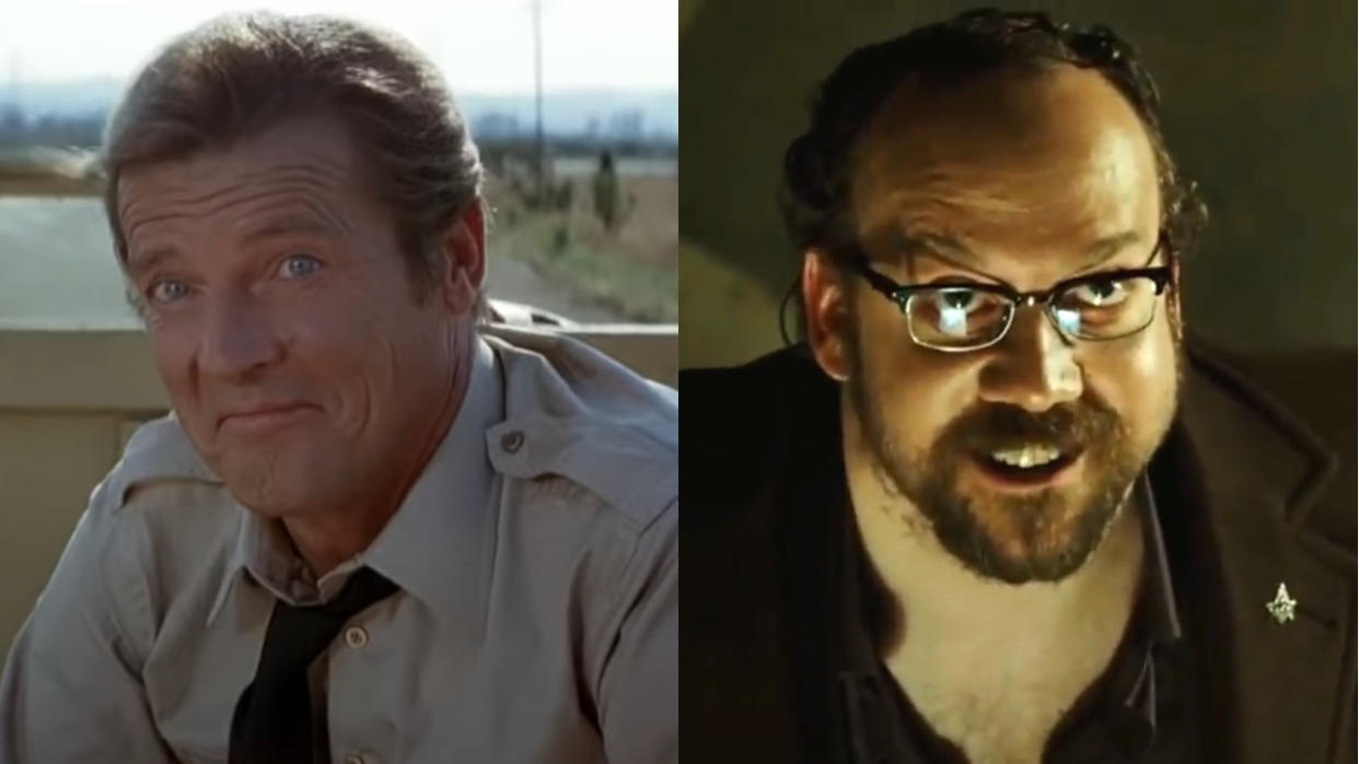  Roger Moore smirking in Octopussy and Paul Giamatti smiling with menace in Shoot 'em Up, pictured side-by-side. 