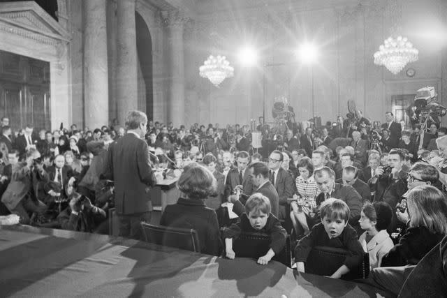 <p>Bettmann</p> Robert F. Kennedy announces his candidacy for the Presidency of the United States.