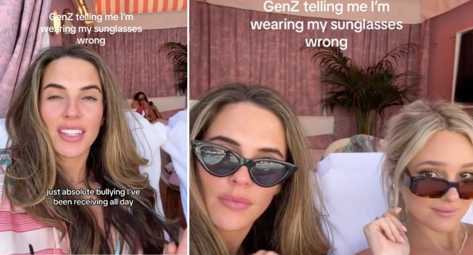 Women debating how to wear sunglasses while lounging in the sun