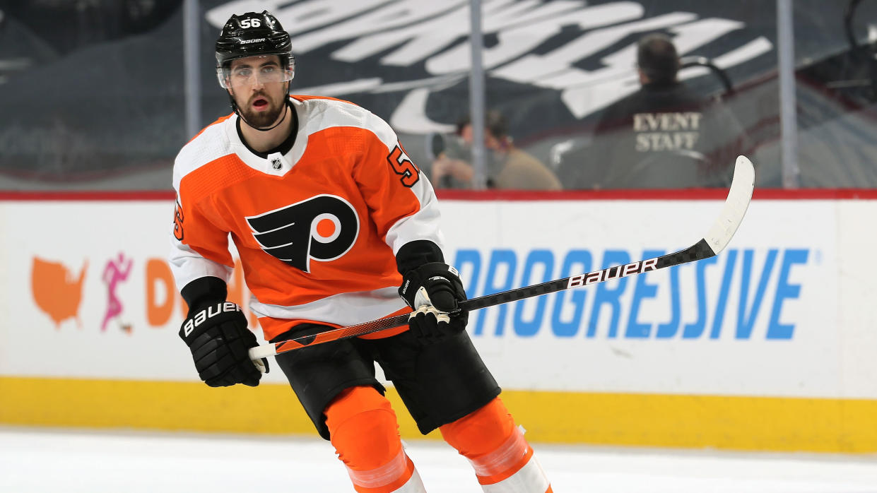 PHILADELPHIA, PA - MARCH 22:  Erik Gustafsson #56 of the Philadelphia Flyers skates against the New York Islanders at the Wells Fargo Center on March 22, 2021 in Philadelphia, Pennsylvania.  (Photo by Len Redkoles/NHLI via Getty Images)