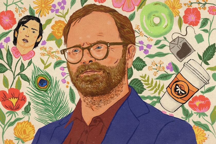 Portrait of Rainn Wilson with a tea bag, a matcha donut, a mexican hot choclate, a peacock feather, and cousin Greg