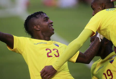 Ecuador's Miller Bolanos celebrates with his teammates after scoring against Bolivia during their 2018 World Cup qualifying soccer match at the Atahualpa stadium in Quito, October 13, 2015. REUTERS/Guillermo Granja