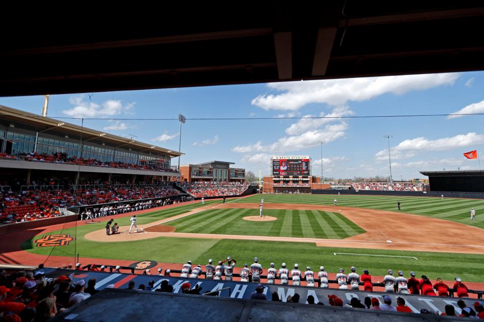 Fans watch a Bedlam baseball game between the Oklahoma State Cowboys (OSU) and the Oklahoma Sooners (OU) in Stillwater, Okla., Saturday, April 6, 2024.