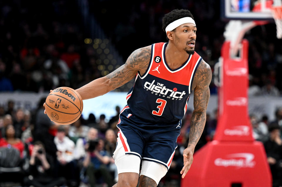 WASHINGTON, DC - MARCH 18: Bradley Beal #3 of the Washington Wizards handles the ball against the Sacramento Kings at Capital One Arena on March 18, 2023 in Washington, DC.  NOTE TO USER: User expressly acknowledges and agrees that, by downloading and or using this photograph, User is consenting to the terms and conditions of the Getty Images License Agreement.  (Photo by G Fiume/Getty Images)