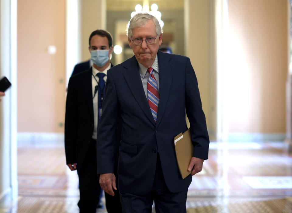 WASHINGTON, DC - SEPTEMBER 14: Senate Minority Leader Mitch McConnell (R-KY) walks to the Senate Chambers at the U.S. Capitol on September 14, 2021 in Washington, DC. Congress is working on a final passage of the $3.5 trillion reconciliation package. (Photo by Kevin Dietsch/Getty Images)