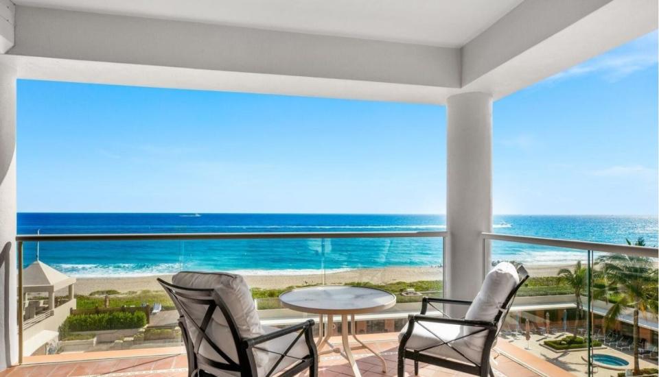 A private terrace outside Unit S-45 at 2 N. Breakers Row in Palm Beach offers an ocean view. The condominium, which was the longtime home of the late Ruth and Carl Shapiro, and its poolside cabana just sold for a recorded $9 million.