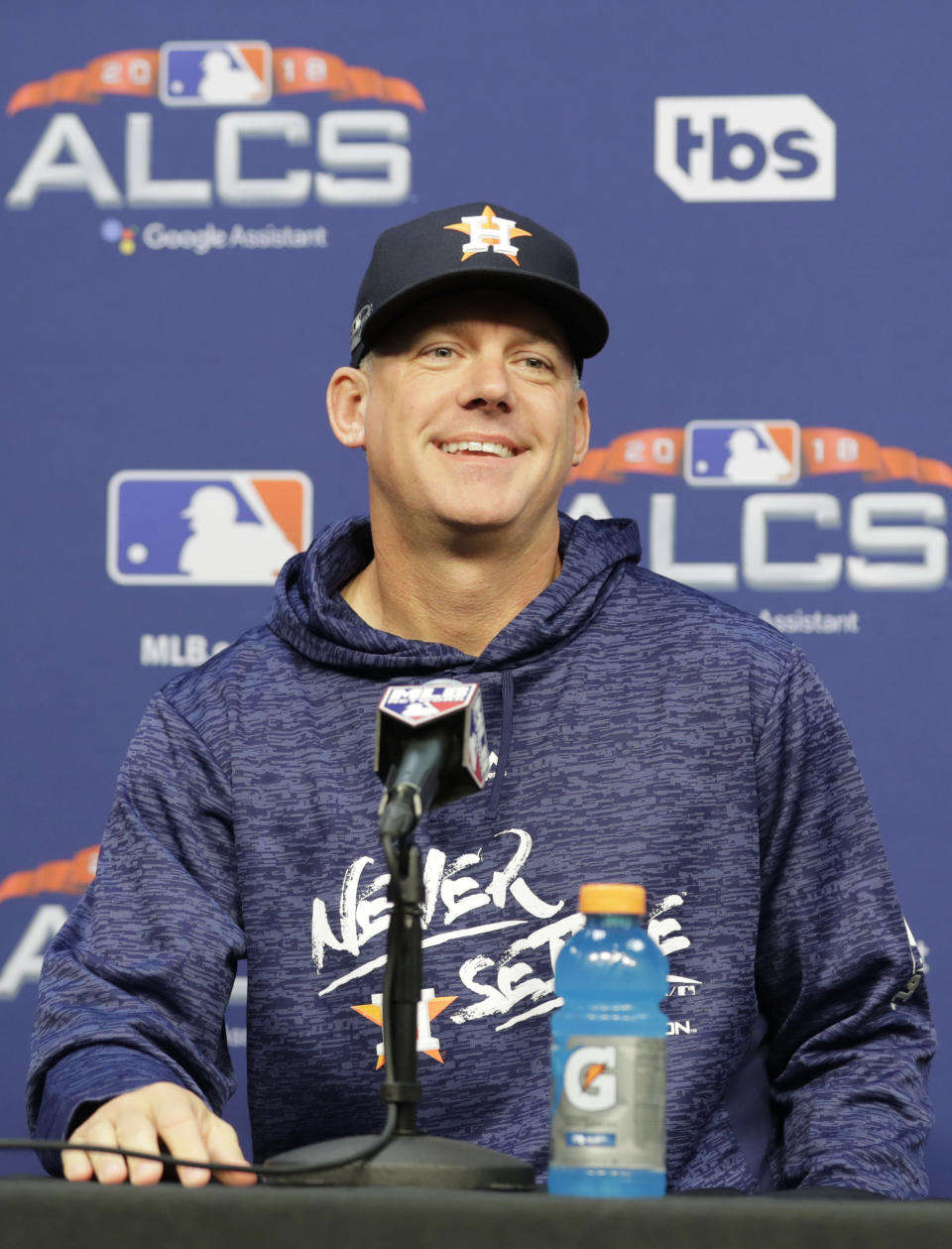 Houston Astros manager AJ Hinch speaks during a news conference Monday, Oct. 15, 2018, in Houston. The Astros will face the Boston Red Sox in Game 3 of the baseball American League Championship Series Tuesday Oct. 16 2018. (AP Photo/Frank Franklin II)