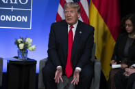President Donald Trump speaks during a meeting with German Chancellor Angela Merkel during the NATO summit at The Grove, Wednesday, Dec. 4, 2019, in Watford, England. President Donald Trump called Canadian Prime Minister Justin Trudeau “two-faced” after he was overheard appearing to gossip about Trump. (AP Photo/ Evan Vucci)