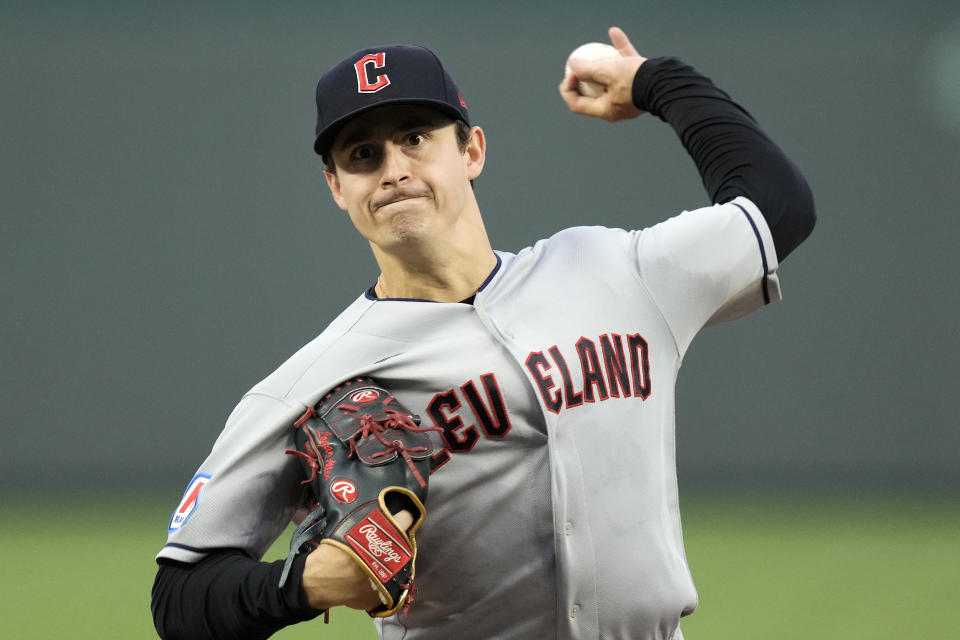 Cleveland Guardians starting pitcher Logan Allen throws during the first inning of a baseball game against the Kansas City Royals Tuesday, Sept. 19, 2023, in Kansas City, Mo. (AP Photo/Charlie Riedel)