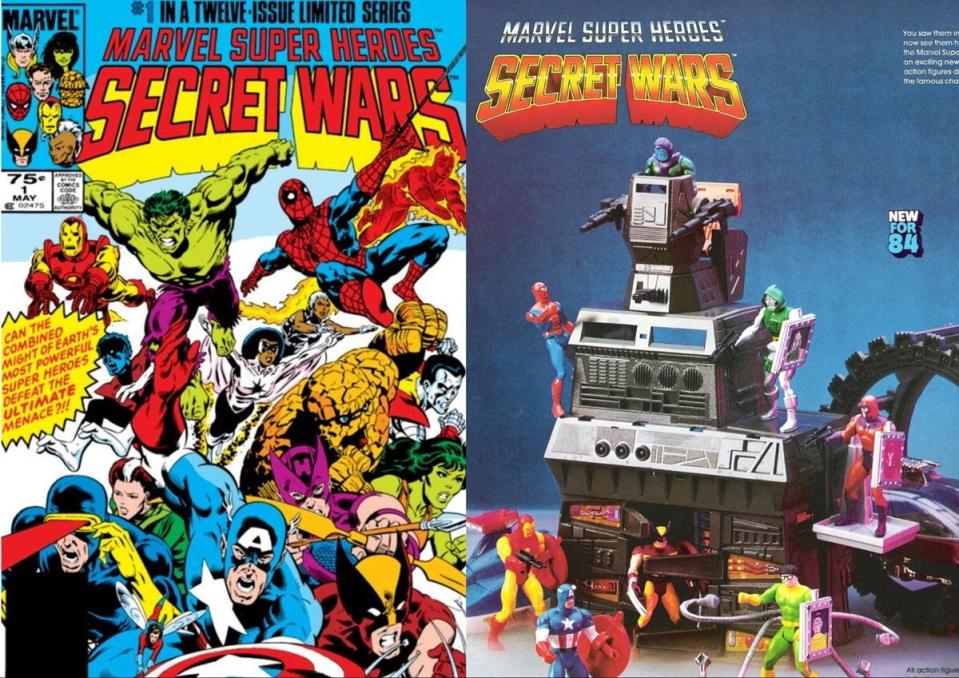 The cover for 1984's Marvel Super Heroes Secret Wars #1, and a 1984 ad for the action figure line.