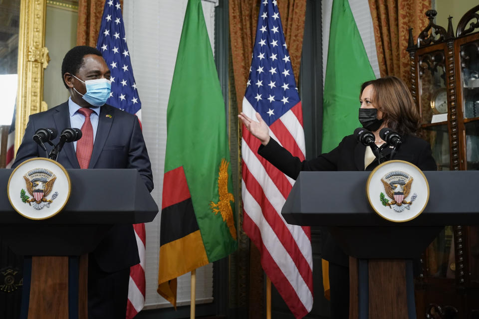 FILE - Vice President Kamala Harris mentions how she went to Zambia when she was a child as she meets with Zambia's President Hakainde Hichilema, Sept. 22, 2021, in Harris' ceremonial office in the Eisenhower Executive Office Building on the White House complex in Washington. Harris will try to deepen and reframe U.S. relationships in Africa during a weeklong trip that begins Saturday, the latest and highest profile outreach by the Biden administration as it moves to counter China's growing influence. (AP Photo/Jacquelyn Martin, File)