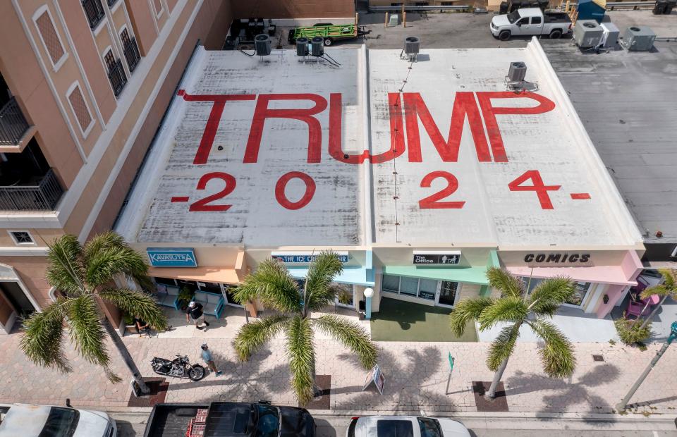 A TRUMP 2024 message is painted on the roof of stores at 508 Lake Avenue on May 10, 2024 in Lake Worth Beach, Florida.