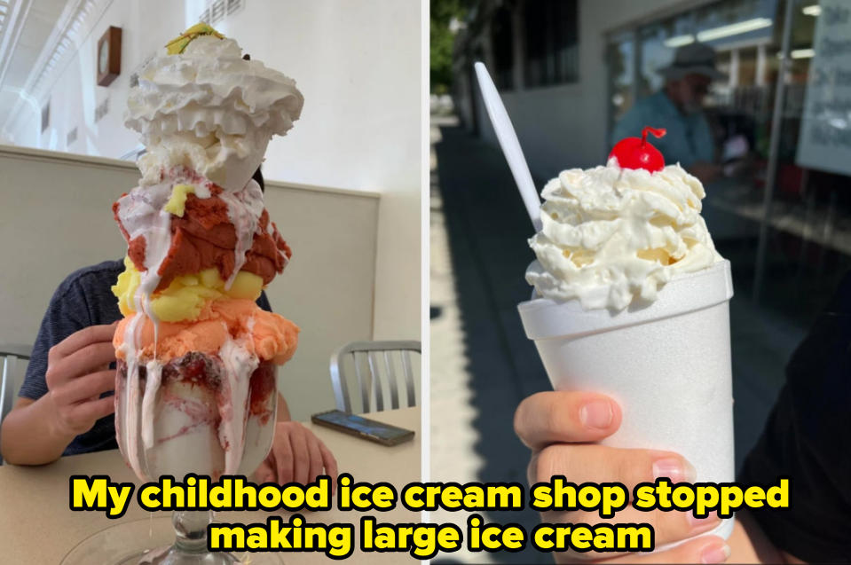 Two images of large ice cream sundaes. Left: a multi-scoop sundae with whipped cream in a glass. Right: a milkshake topped with whipped cream and a cherry in a foam cup