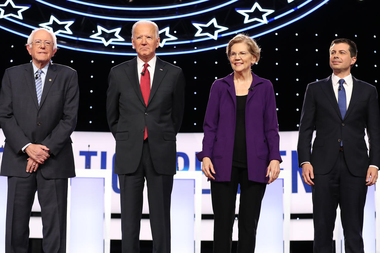 Sen. Bernie Sanders (I-Vt.), former Vice President Joe Biden, Sen. Elizabeth Warren (D-Mass.) and South Bend, Indiana, Mayor Pete Buttigieg are introduced before a debate in Westerville, Ohio, on Oct. 15. (Photo: Chip Somodevilla via Getty Images)