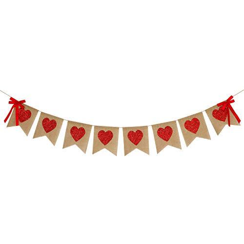 1) Burlap Heart Banner Garland | Red Glitter Heart | Valentine's Day Decorations| Rustic Valentines Decor | Valentines Burlap Banner | Wedding Anniversary Birthday Party Decorations Supplies