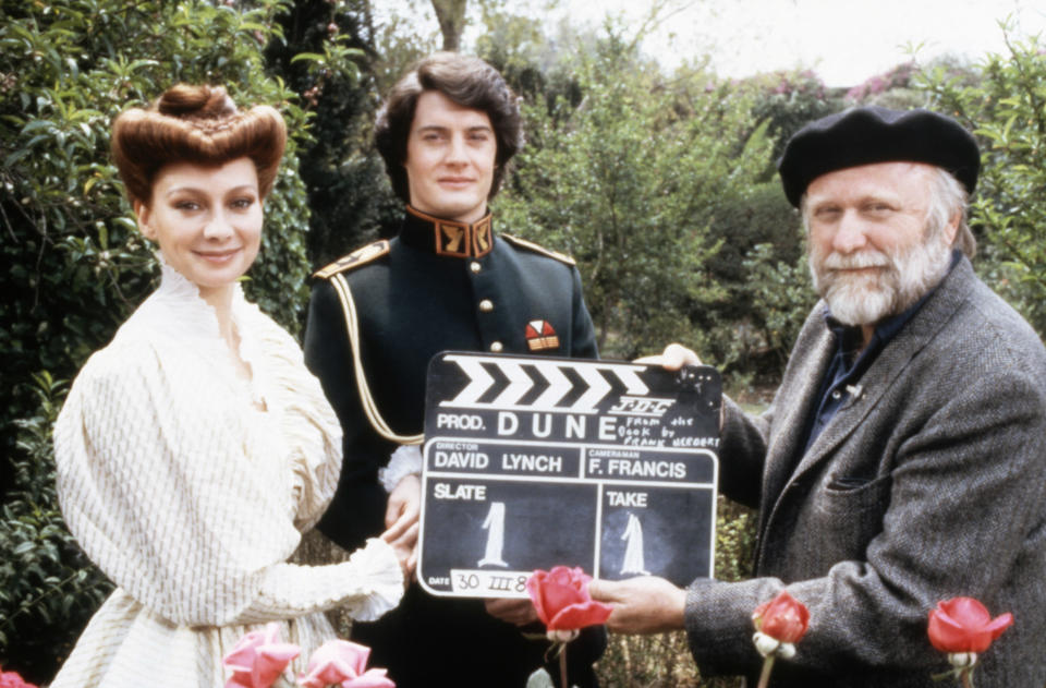 (L-R) Francesca Annis, Kyle MacLachlan and Frank Herbert on the “Dune” set.