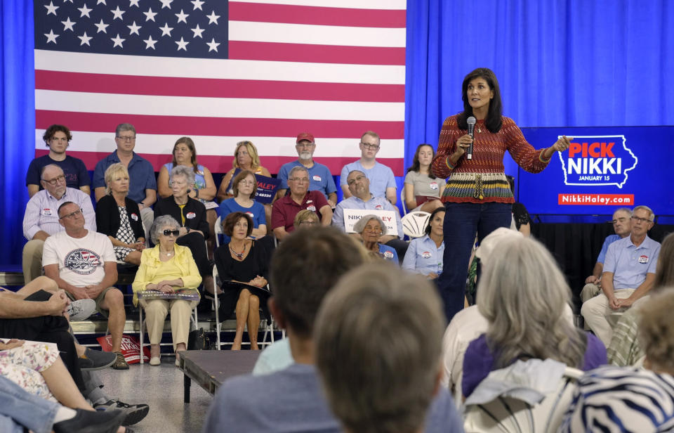FILE - Republican presidential candidate and former South Carolina Gov. Nikki Haley speaks at a campaign event on Saturday, Sept. 30, 2023, in Clive, Iowa. Haley, who has aroused curiosity in light of noteworthy debate performances, is beginning to build out her Iowa team. (AP Photo/Meg Kinnard)