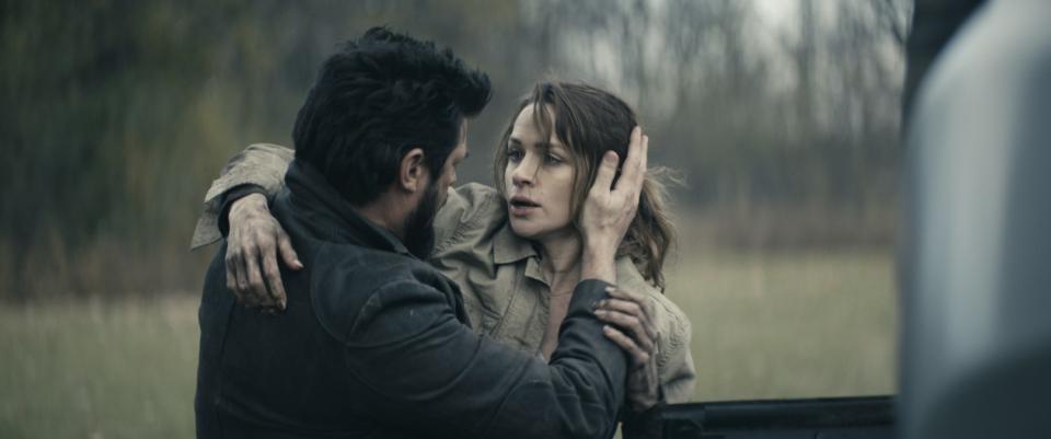 Karl Urban as Billy Butcher and Shantel VanSanten as Becca Butcher in "The Boys."