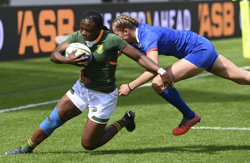 Nomawethu Mabenge of South Africa at the defense during the Women's Rugby World Cup pool match between South Africa and France, at Eden Park, Auckland, New Zealand, Saturday, Oct.8. 2022. (Andrew Cornaga/Photosport via AP)