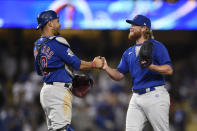 Chicago Cubs relief pitcher Craig Kimbrel, right, celebrates with catcher Willson Contreras after the final out for a combined no-hitter after a baseball game against the Los Angeles Dodgers in Los Angeles, Thursday, June 24, 2021. The Cubs won 4-0. (AP Photo/Kelvin Kuo)