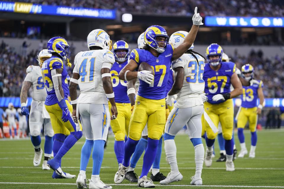 Los Angeles Rams wide receiver Puka Nacua celebrates his touchdown catch during a preseason game against the Los Angeles Chargers Saturday, Aug. 12, 2023, in Inglewood, Calif. The former BYU Cougars star emerged as one of the team’s more promising wideouts during preseason play. | Ryan Sun, Associated Press