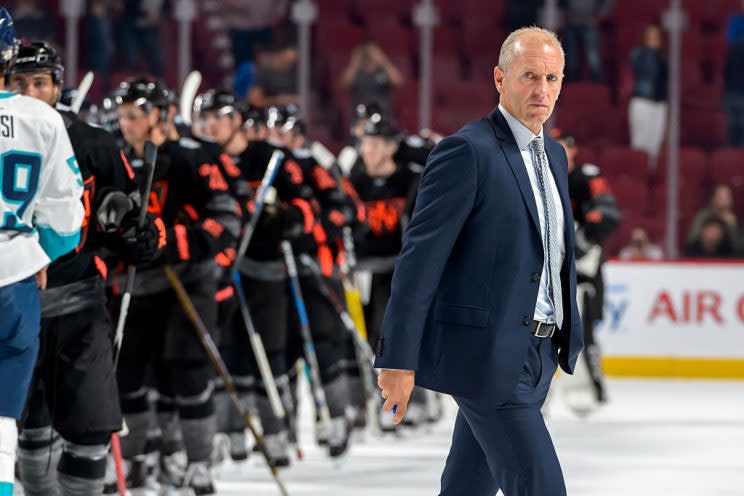 MONTREAL, QC - SEPTEMBER 11: Team Europe's head coach Ralph Krueger looks on as he walks past the players during the pre-tournament World Cup of Hockey game against Team North America at the Bell Centre on September 11, 2016 in Montreal, Quebec, Canada. Team North America defeated Team Europe 7-4. (Photo by Minas Panagiotakis/World Cup of Hockey via Getty Images)