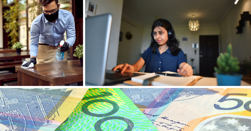 A hospitality worker cleans a table while wearing a mask, a woman works on her laptop in her home and Australian money