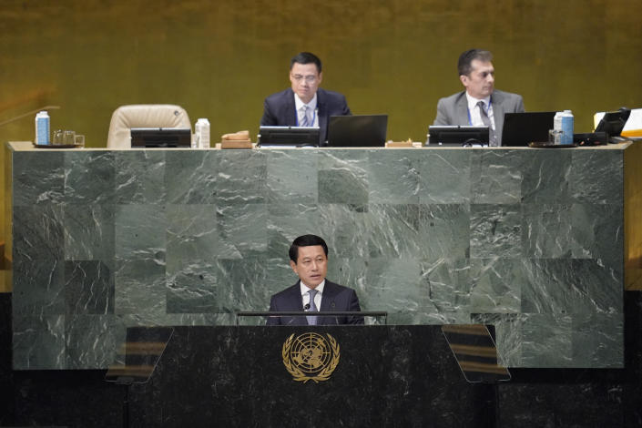 Foreign Minister of Laos Saleumxay Kommasith addresses the 77th session of the United Nations General Assembly, Saturday, Sept. 24, 2022 at U.N. headquarters. (AP Photo/Mary Altaffer)