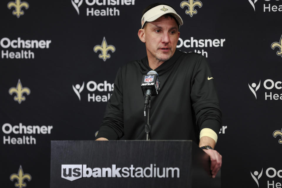 New Orleans Saints head coach Dennis Allen answers questions during a news conference after an NFL football game against the Minnesota Vikings, Sunday, Nov. 12, 2023, in St. Paul, Minn. (AP Photo/Matt Krohn)