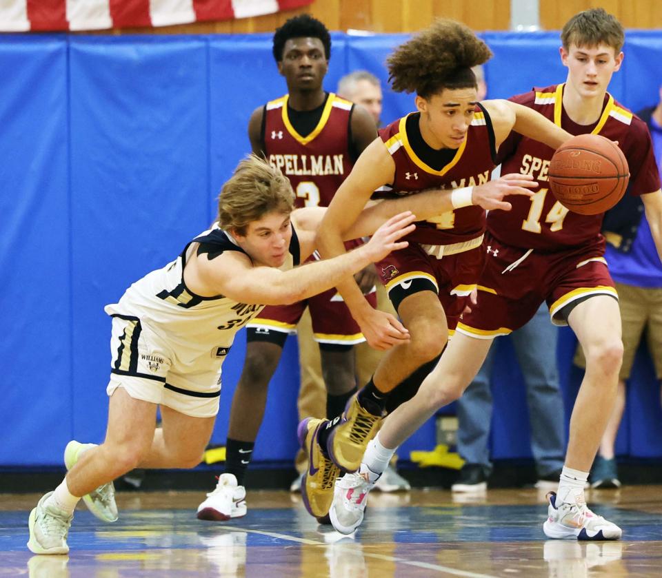 Archbishop Williams Jack Solomon defends Cardinal Spellman's D'Anthony Amado during a game at Scituate High School on Wednesday, March 15, 2023.  