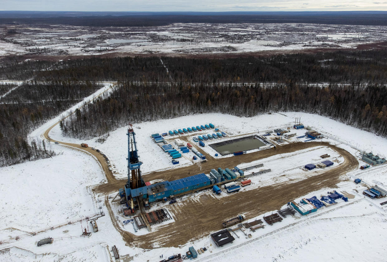 A gas drilling rig on the Gazprom PJSC Chayandinskoye oil, gas and condensate field, a resource base for the Power of Siberia gas pipeline, in the Lensk district of the Sakha Republic, Russia, on Oct. 13.