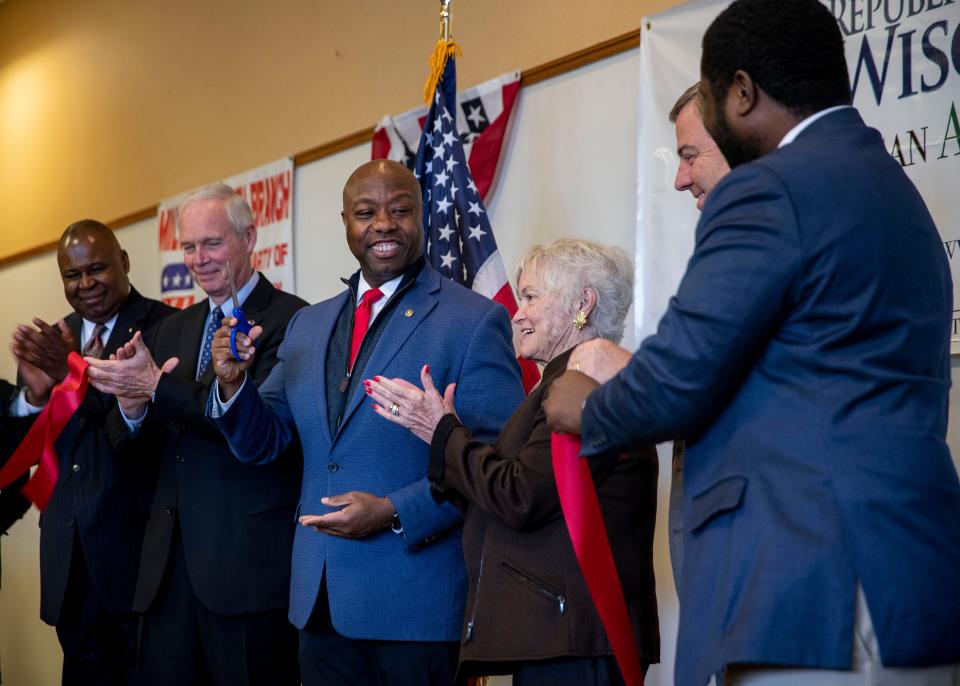 The Republican Party of Wisconsin's field office on Milwaukee's north side reopened on Friday, Oct. 22, 2021. There to celebrate the ribbon-cutting were, from left, Gerard Randall, chairman of the Wisconsin Republican Party's African American Council, U.S. Sens. Ron Johnson (R-Wisconsin) and Tim Scott (R-South Carolina), Kathryn "Murph" Burke, a Republican activist and donor, Paul Farrow, chairman of the Republican Party of Wisconsin and Waukesha County executive, and Khenzer Senat, African American outreach director for the Republican Party of Wisconsin.