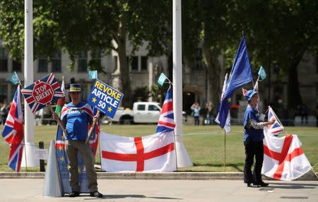 Anti-Brexit protesters are seen outside the Houses of Parliament in London, Britain May 21, 2019. REUTERS/Hannah Mckay