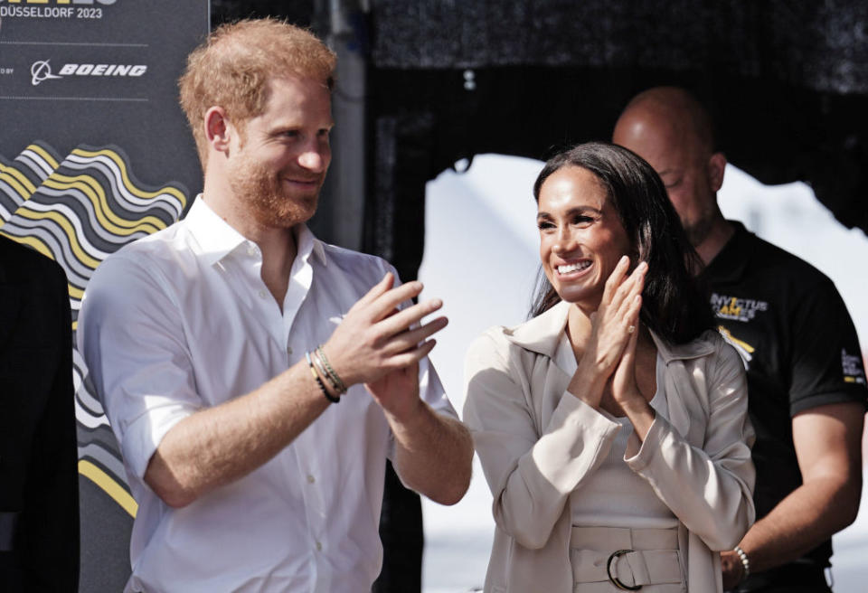 The Duke and Duchess of Sussex during a medal ceremony at the Invictus Games in Dusseldorf, Germany. Picture date: Saturday September 16, 2023. (Photo by Jordan Pettitt/PA Images via Getty Images)