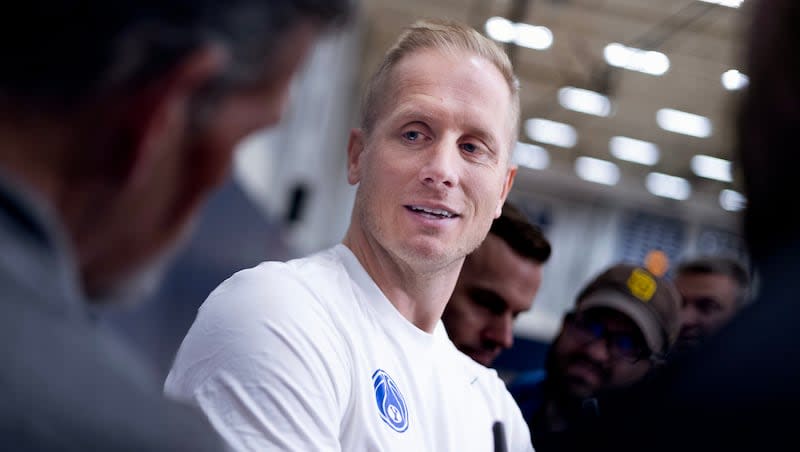 BYU's head men's basketball coach Kevin Young speaks to reporters after practice at BYU in Provo on Thursday, June 6, 2024.