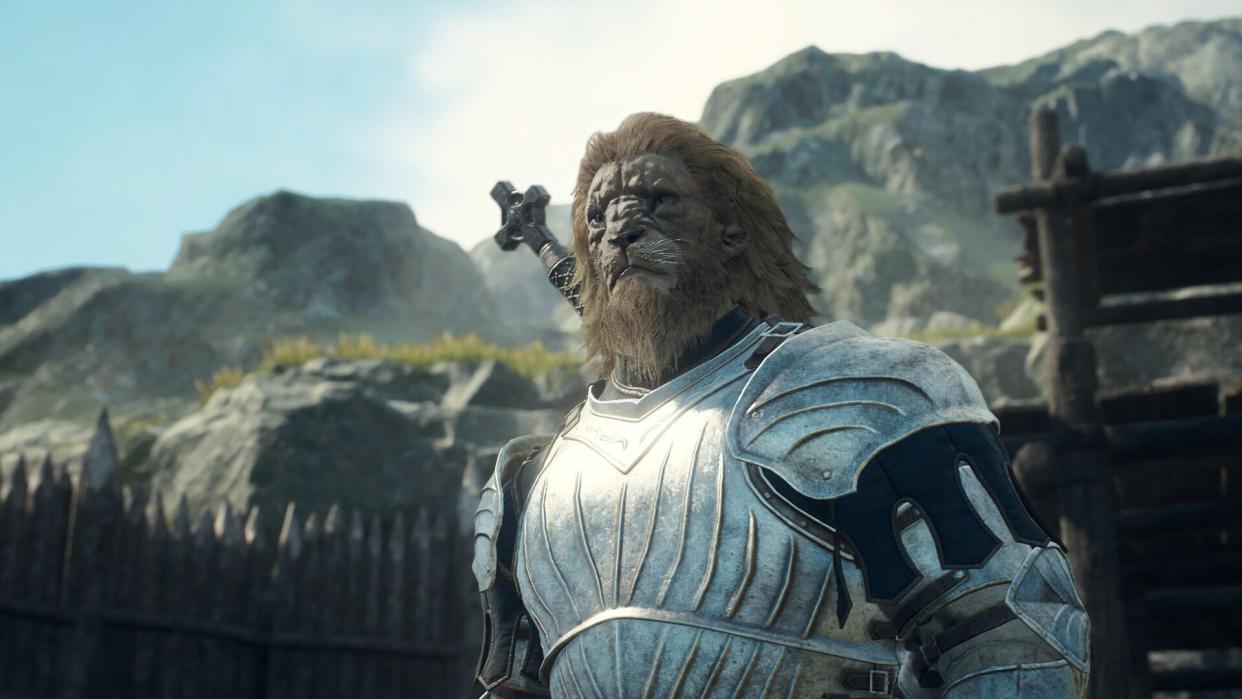  A lion-man clad in plate armor looks stoic. 