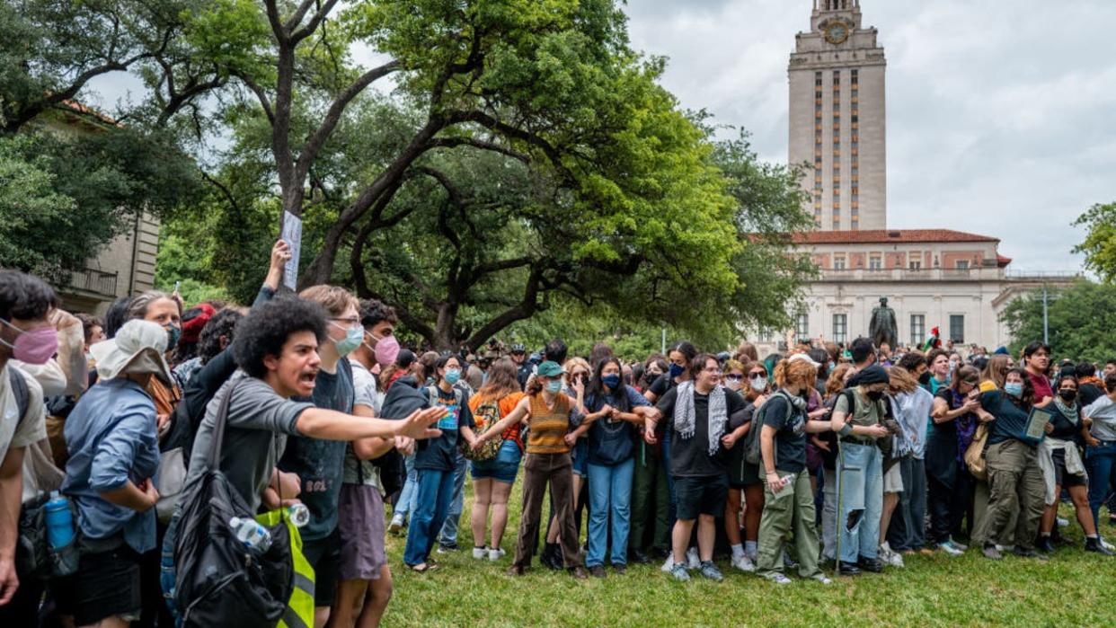 <div>AUSTIN, TEXAS - APRIL 24: Students rally together during a pro-Palestine protest at the The University of Texas at Austin on April 24, 2024 in Austin, Texas. (Photo by Brandon Bell/Getty Images)</div>