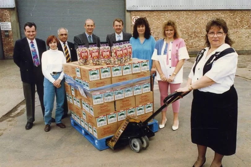 A pallet of sweets ready to be sent to soldiers serving in Bosnia in July 1993. Left to right are Dennis Healey, from Needler’s, Julie Stockdale, Harry Medhurst, Graham Collins, from Needler’s, Roger Gould, Betty Gould, Sharon Jackson and Shirley Richards.