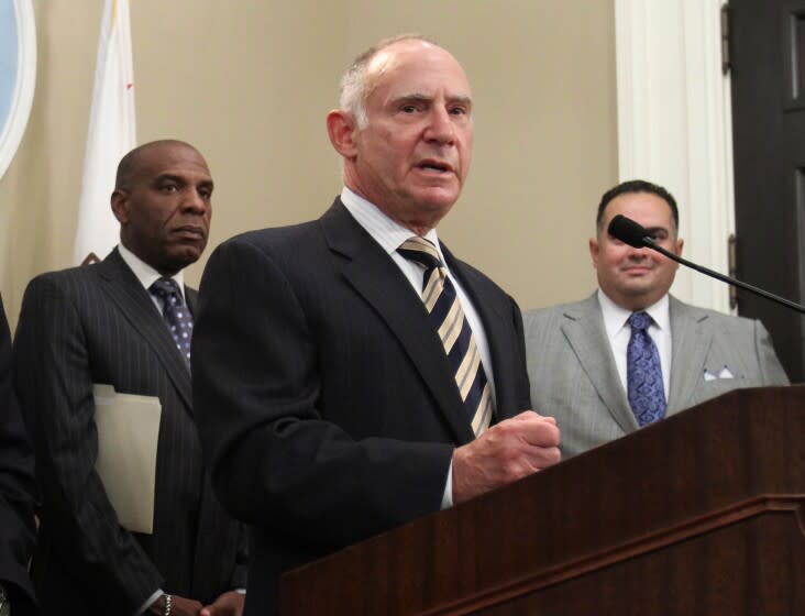 Allan Zaremberg, president and chief executive officer of the California Chamber of Commerce, discusses the chambers support of a Democratic package of bills designed to make California's regulatory environment friendlier to business during a Capitol news conference in Sacramento, Calif., Thursday, Sept. 1, 2011. The main bill would require state agencies to assess the economic impact of regulations before they are a adopted. The second bill would establish the Governor's Office of Business and Economic Development. Also seen is Assemblyman Steven Bradford, D-Gardena, left, and Assembly Speaker John Perez, D-Los Angeles.(AP Photo/Rich Pedroncelli)